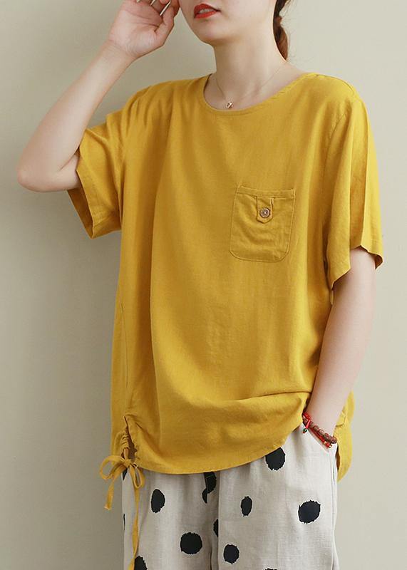 Style o neck drawstring linen cotton summerBlouse yellow baggy shirts - SooLinen