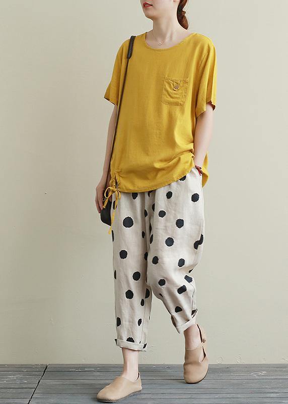 Style o neck drawstring linen cotton summerBlouse yellow baggy shirts - SooLinen