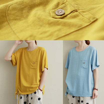Style o neck drawstring linen cotton summerBlouse yellow baggy shirts - SooLinen