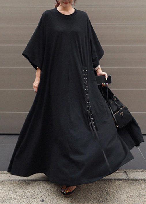 Style o neck exra large hem cotton dresses Runway black A Line Dress - SooLinen