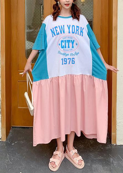 Style o neck patchwork clothes design pink Letter Robe Dresses - SooLinen