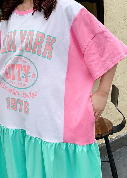 Style o neck patchwork clothes design pink Letter Robe Dresses - SooLinen