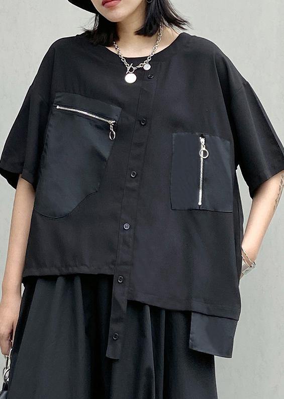 Style o neck patchwork cotton summer tunic pattern black shirts - SooLinen