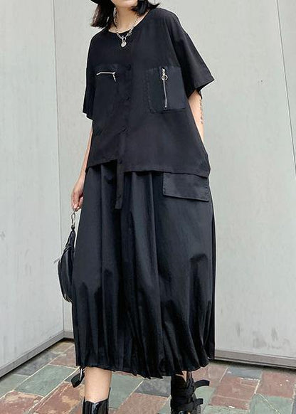 Style o neck patchwork cotton summer tunic pattern black shirts - SooLinen