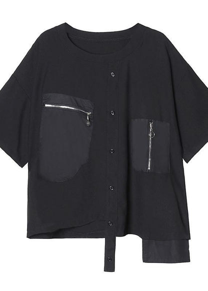 Style o neck patchwork cotton summer tunic pattern black shirts - SooLinen