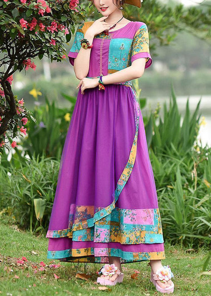 Style o neck patchwork tulle cotton clothes Work Outfits purple print Art Dresses summer - SooLinen
