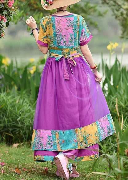 Style o neck patchwork tulle cotton clothes Work Outfits purple print Art Dresses summer - SooLinen