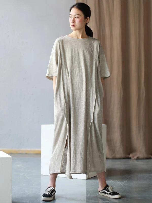 Style o neck side open cotton Tunics Work Outfits beige long Dresses summer - SooLinen