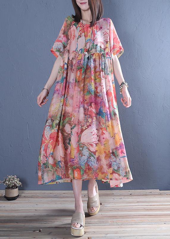 Style o neck Cinched cotton tunic dress Fashion pink print Maxi Dress - SooLinen