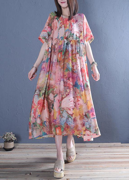 Style o neck Cinched cotton tunic dress Fashion pink print Maxi Dress - SooLinen