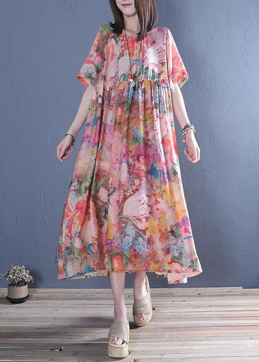 Style o neck Cinched cotton tunic dress Fashion pink print Maxi Dress - SooLinen