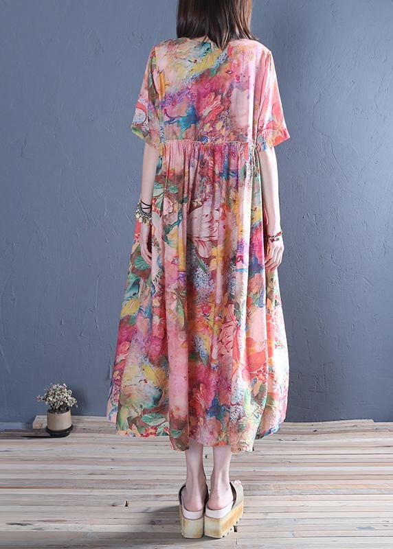 Style o neck Cinched cotton tunic dress Fashion pink print Maxi Dress - SooLinen