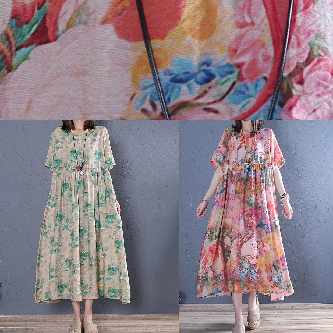 Style o neck Cinched cotton tunic dress Fashion pink print Maxi Dress - SooLinen