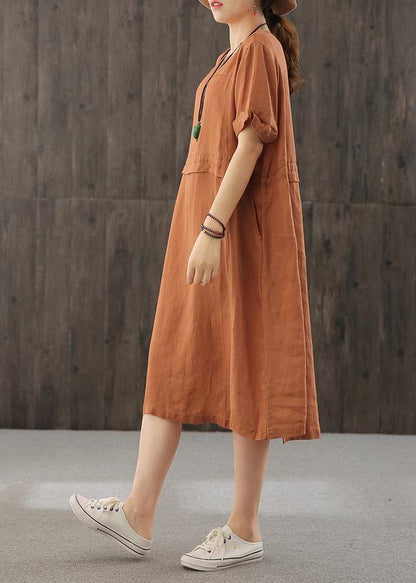 Style orange Long Shirts o neck patchwork cotton Dress - SooLinen