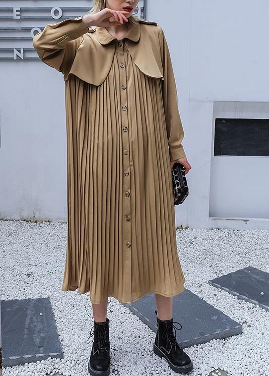 Style patchwork Fine pleated tunics for women khaki cotton coat - SooLinen