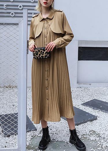 Style patchwork Fine pleated tunics for women khaki cotton coat - SooLinen