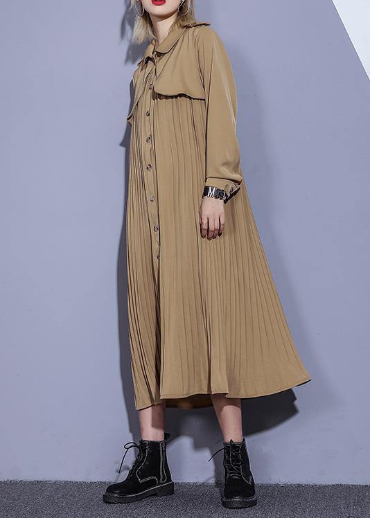 Style patchwork Fine pleated tunics for women khaki cotton coat - SooLinen