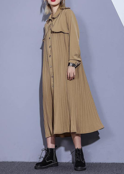 Style patchwork Fine pleated tunics for women khaki cotton coat - SooLinen