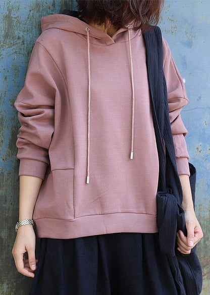 Style patchwork cotton hooded Blouse Tutorials pink pullover - SooLinen