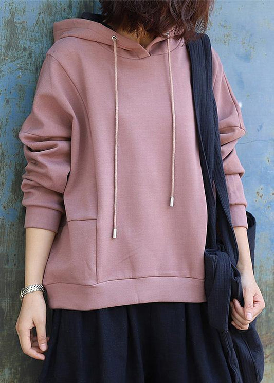 Style patchwork cotton hooded Blouse Tutorials pink pullover - SooLinen