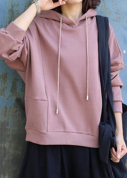 Style patchwork cotton hooded Blouse Tutorials pink pullover - SooLinen