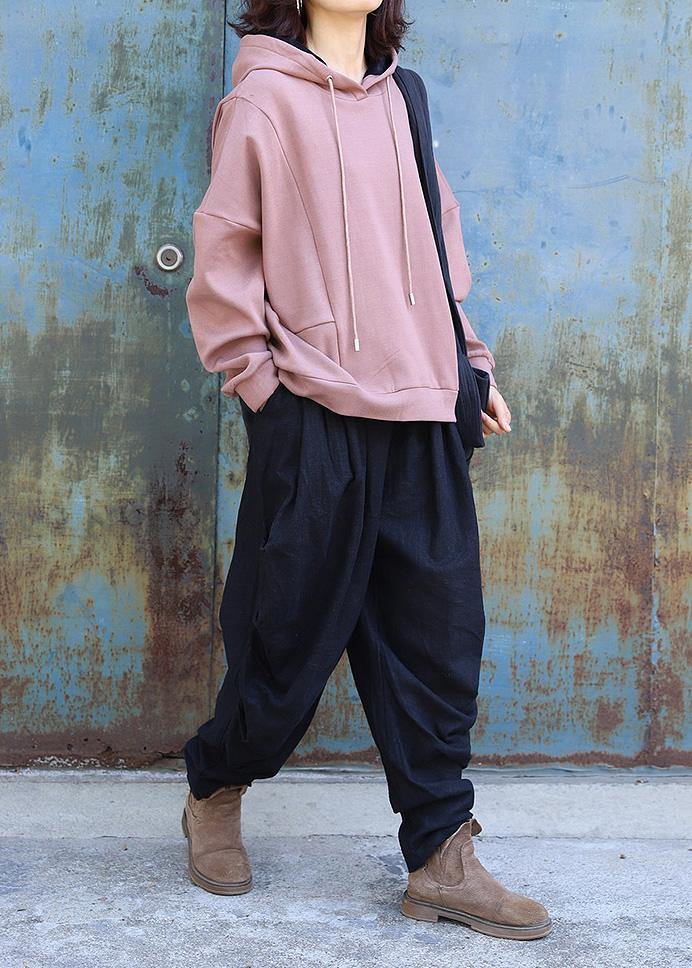 Style patchwork cotton hooded Blouse Tutorials pink pullover - SooLinen