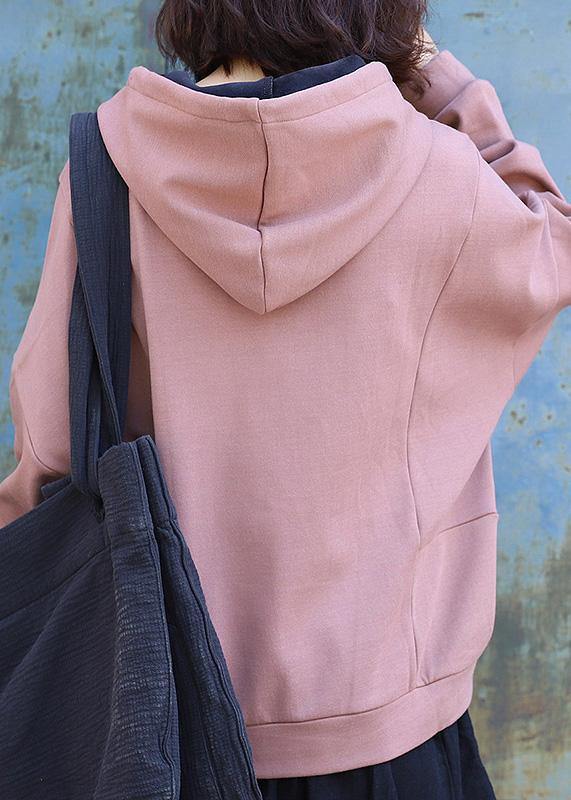 Style patchwork cotton hooded Blouse Tutorials pink pullover - SooLinen