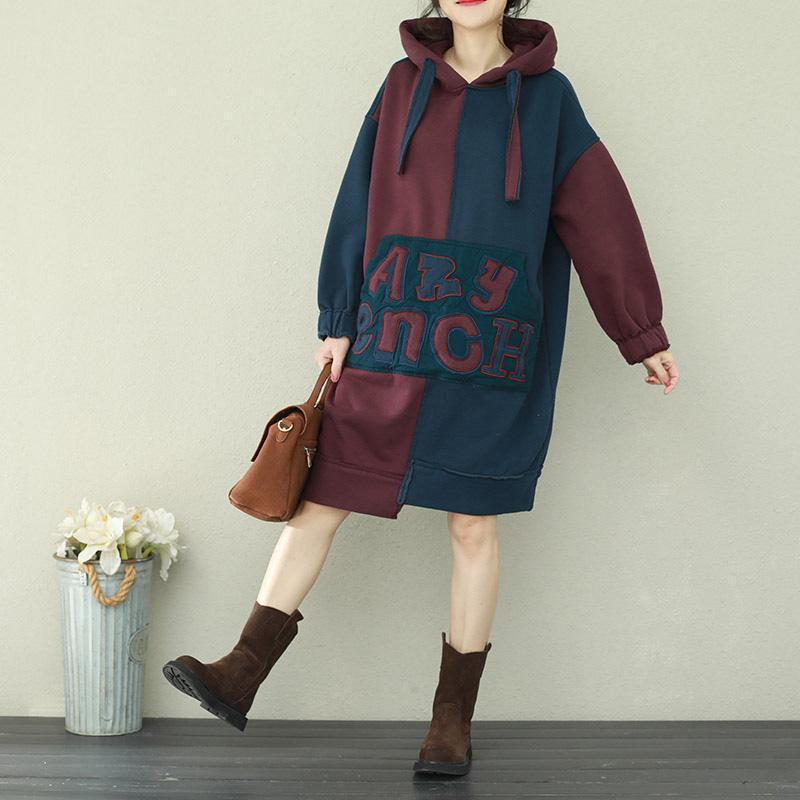 Stil Patchwork Baumwolltops Damen Plus Size Ärmel blau burgunderrot Alltagstops