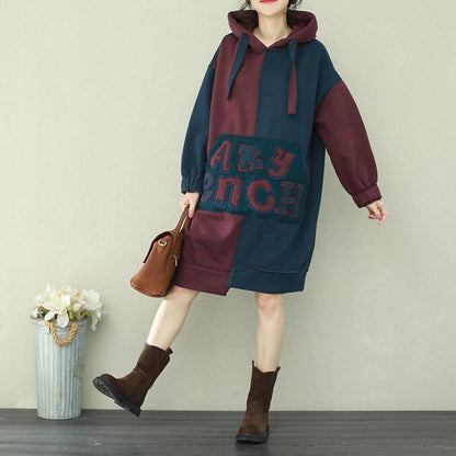 Stil Patchwork Baumwolltops Damen Plus Size Ärmel blau burgunderrot Alltagstops