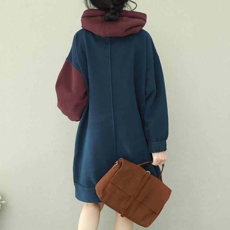 Stil Patchwork Baumwolltops Damen Plus Size Ärmel blau burgunderrot Alltagstops