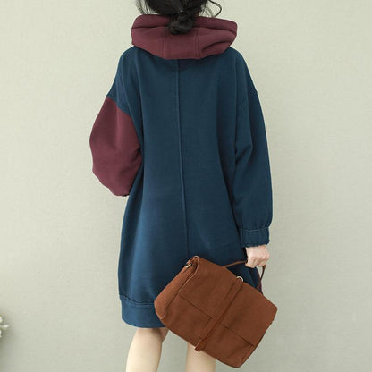 Stil Patchwork Baumwolltops Damen Plus Size Ärmel blau burgunderrot Alltagstops