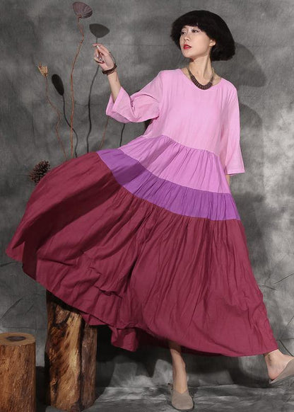 Style patchwork linen clothes For Women linen pink Dresses summer - SooLinen