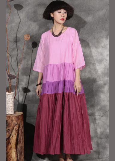 Style patchwork linen clothes For Women linen pink Dresses summer - SooLinen