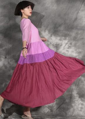 Style patchwork linen clothes For Women linen pink Dresses summer - SooLinen