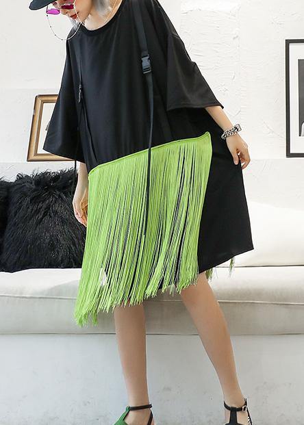 Style patchwork tassel Cotton clothes black Dresses summer - SooLinen