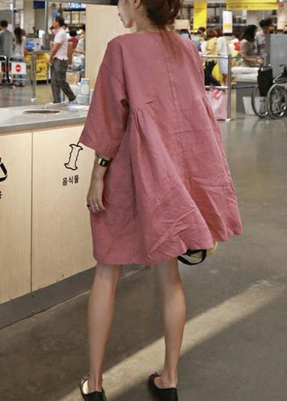 Style pink cotton linen outfit o neck Cinched A Line summer Dresses - SooLinen