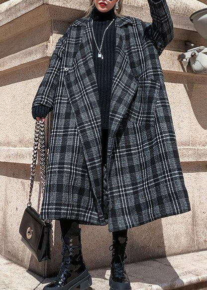 Style plaid Plus Size clothes Neckline Square Collar pockets fall women coats - SooLinen