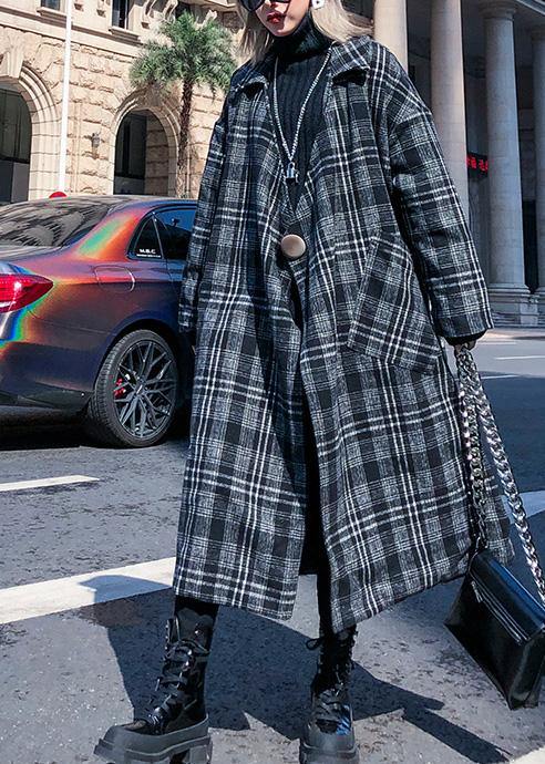 Style plaid Plus Size clothes Neckline Square Collar pockets fall women coats - SooLinen