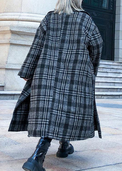 Style plaid Plus Size clothes Neckline Square Collar pockets fall women coats - SooLinen