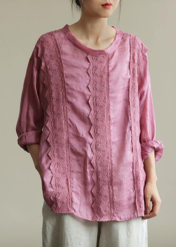 Style purple tunic top o neck patchwork lace Midi fall top - SooLinen