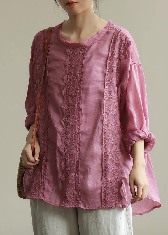 Style purple tunic top o neck patchwork lace Midi fall top - SooLinen