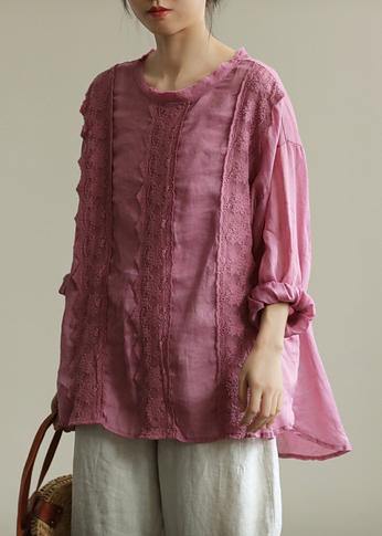 Style purple tunic top o neck patchwork lace Midi fall top - SooLinen