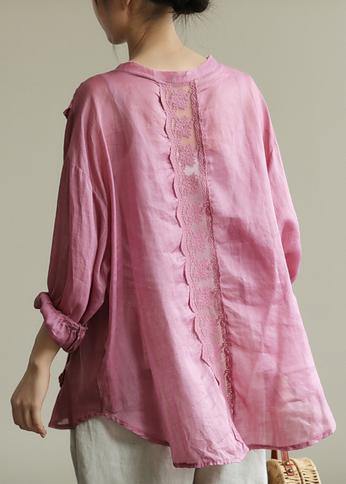 Style purple tunic top o neck patchwork lace Midi fall top - SooLinen