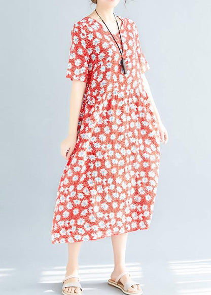 Style red floral linen clothes v neck loose summer Dresses - SooLinen