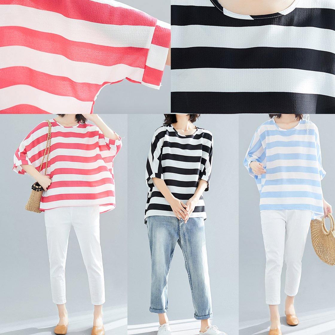 Style red striped chiffon clothes Vintage Wardrobes Batwing Sleeve Love Summer tops - SooLinen