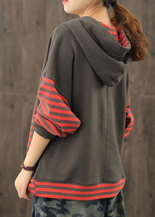 Style red striped tunics for women hooded patchwork baggy blouses - SooLinen