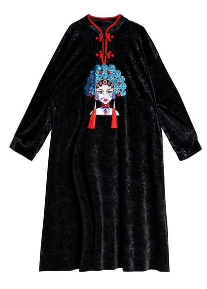 Style stand collar Tunics Runway black print A Line Dresses - SooLinen