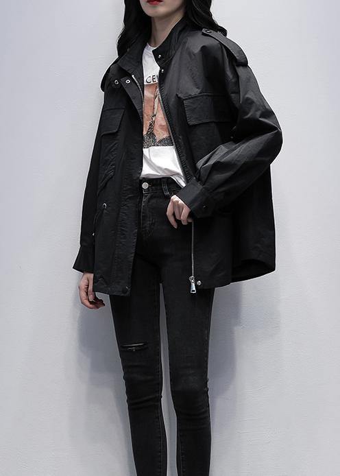 Style stand collar pockets  tunic coat black print loose outwears - SooLinen