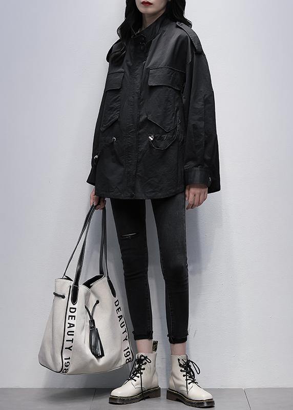 Style stand collar pockets  tunic coat black print loose outwears - SooLinen