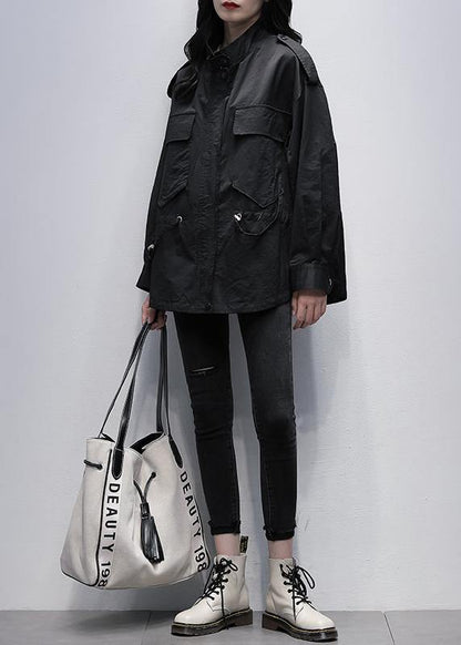 Style stand collar pockets  tunic coat black print loose outwears - SooLinen